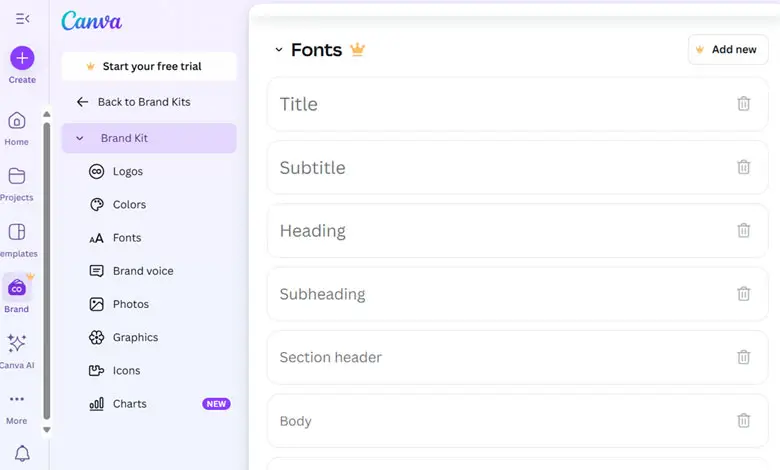 اضافه کردن فونت فارسی در Canva از بخش Brand Kit